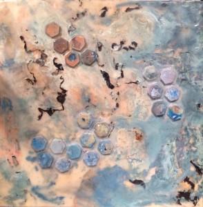 Ocean Symphony, 2014 Encaustic and burnt cotton and eggshells on panel, 18" x 18"