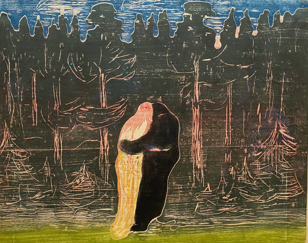 Woodcut print titled "Towards the Forest" by Edvard Munch at the Clark Art Institute exhibition for Edvard Munch. 